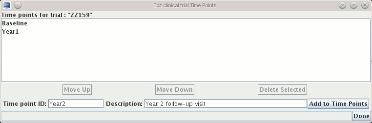 Dialog to manage clinical trial time-points