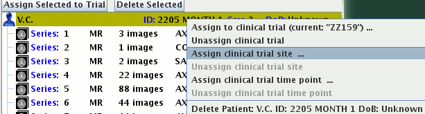 Pop-up menu to set the clinical trial site and time point