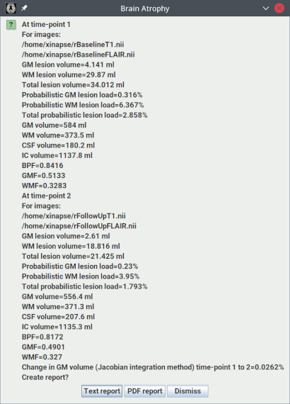 Results for longitudinal brain atrophy assessment with lesions