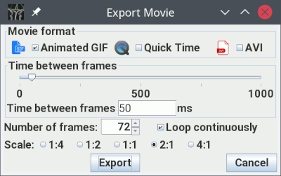 The dialog to set up the Maximum Intensity Projection export to a movie